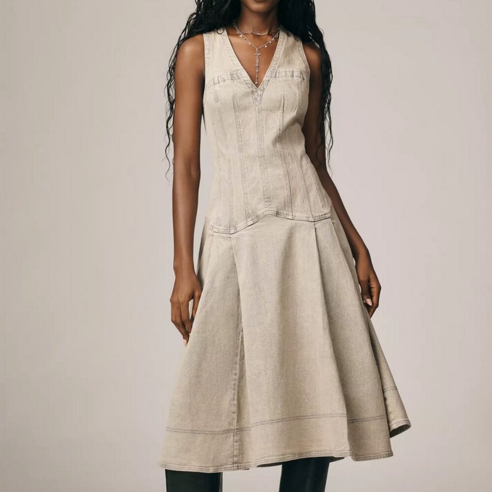 Anthropologie Pilcro Sleeveless V-Neck Corset A-Line Denim Midi Dress XXS